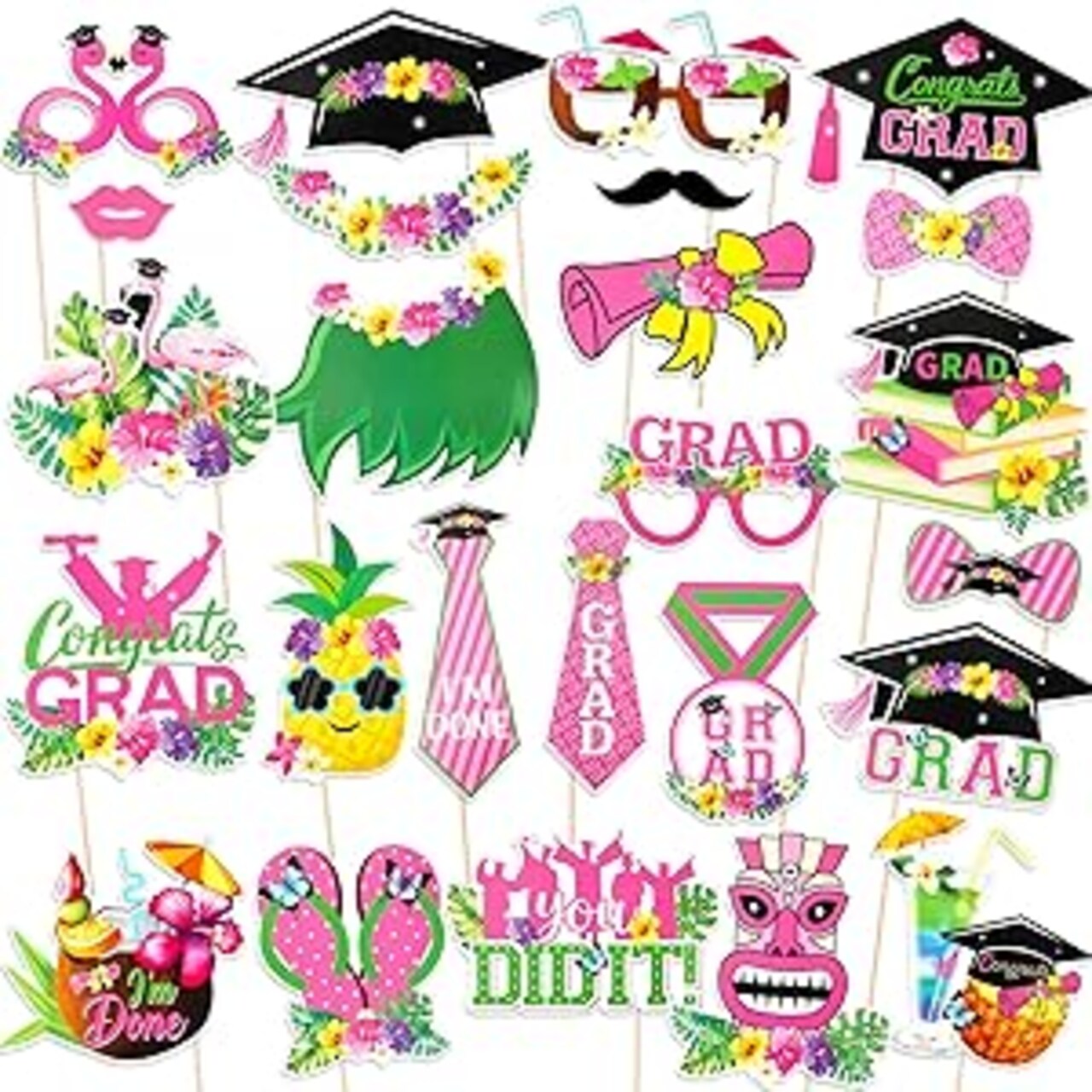 Hawaiian Graduation Photo Booth Props, 25-Pack 2026 Luau Aloha Graduation Party Selfie Props and Decorations